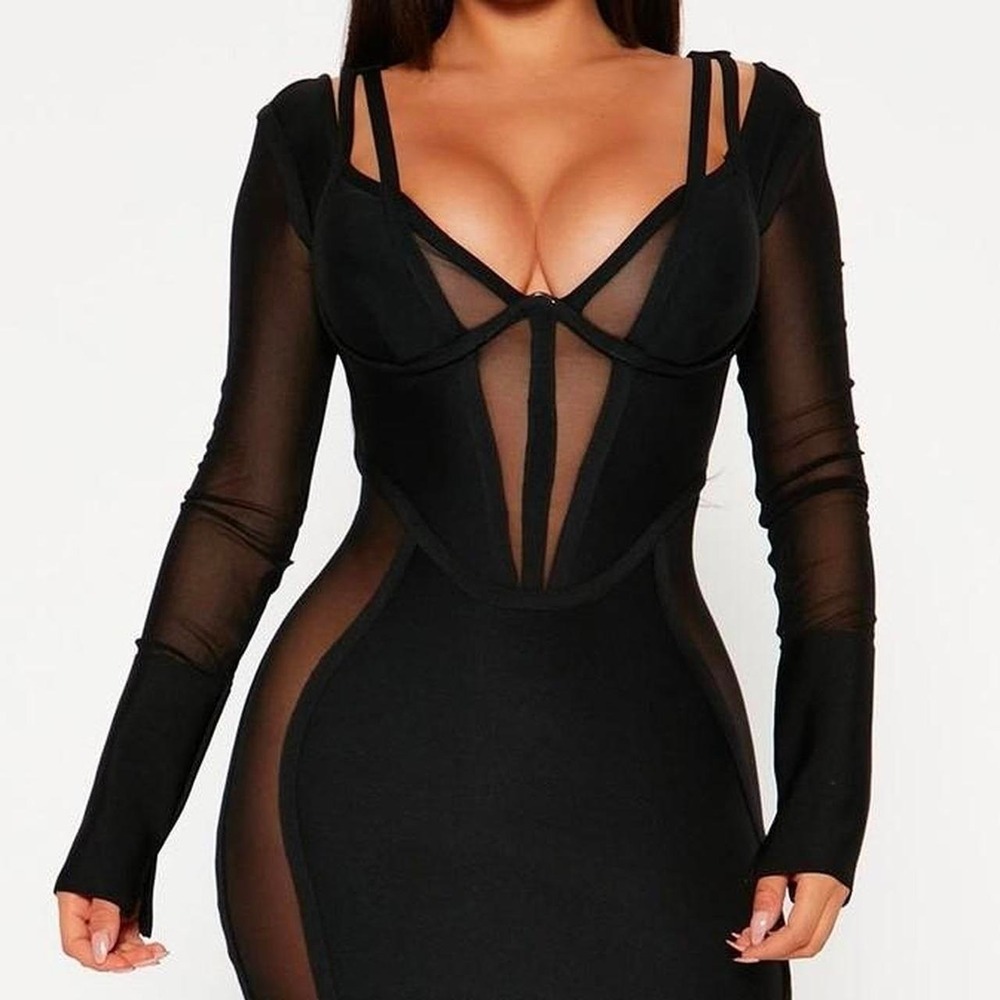 Black mesh long sleeve bodycon dress